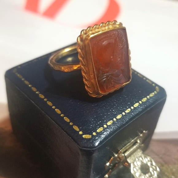 Antique Carnelian Glass Cameo in 24k Vermeil Sterling Ring - Picture 7 of 8